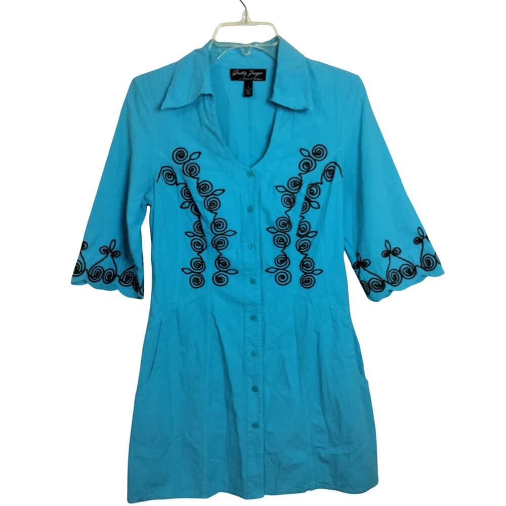 4659)Gretty Zueger Y2K Turquoise Blue Embroidery Babydoll Cotton Tunic Top Small
